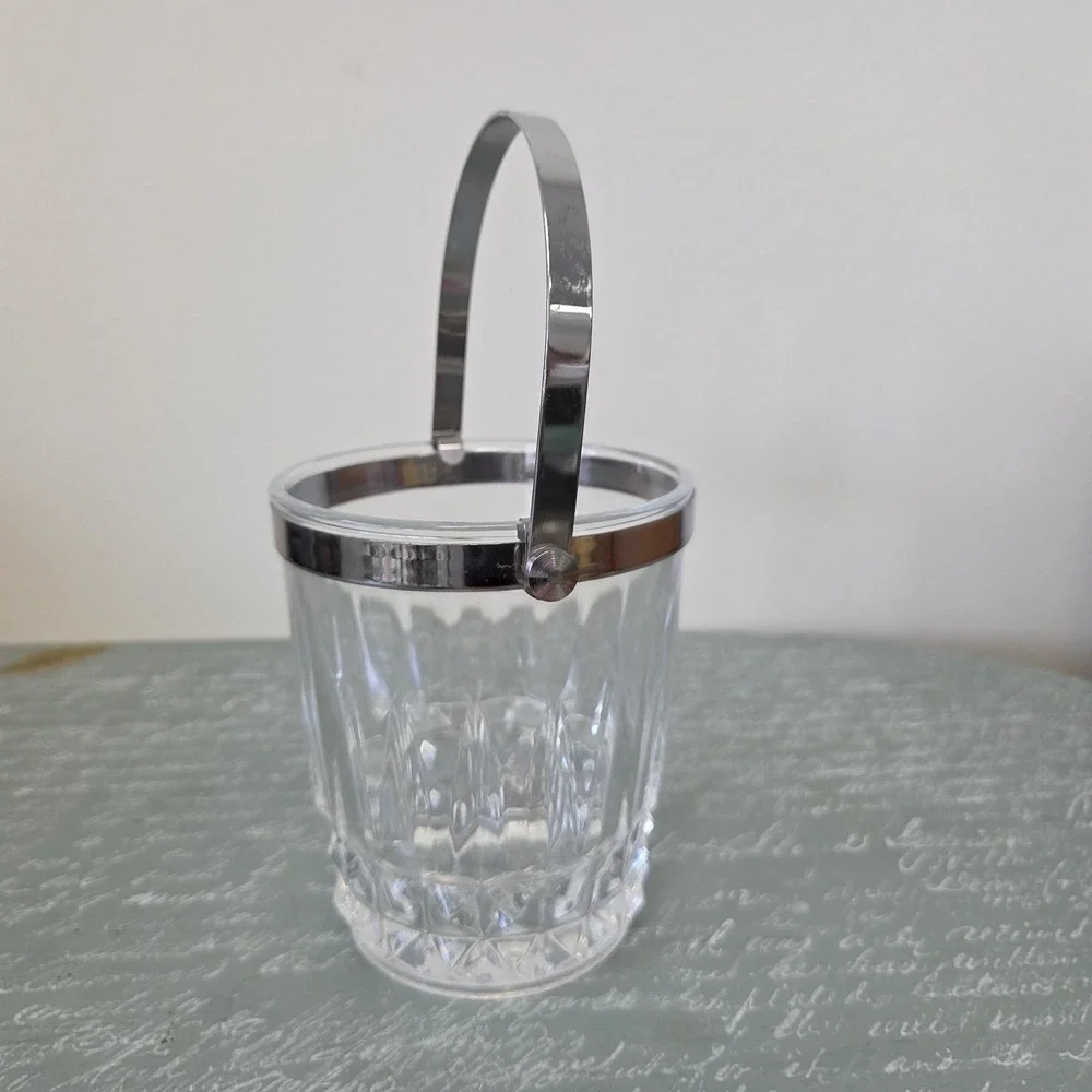 Vintage French Crystal‎ D'Arques Glass Ice Bucket Clear Chrome Handle 5